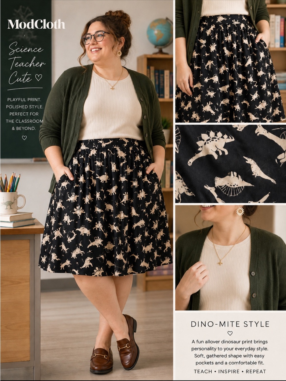 ModCloth Dinosaur Print Pleated Skirt Women’s 4X Black Cream Plus Size Pockets - Picture 2 of 12
